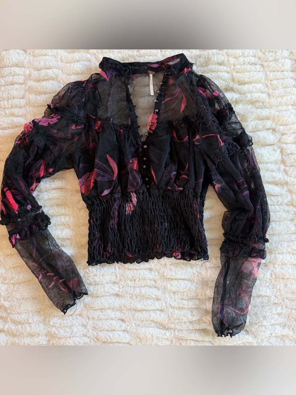 Free People Black Sheer Floral Smocked Waist Blouse size s